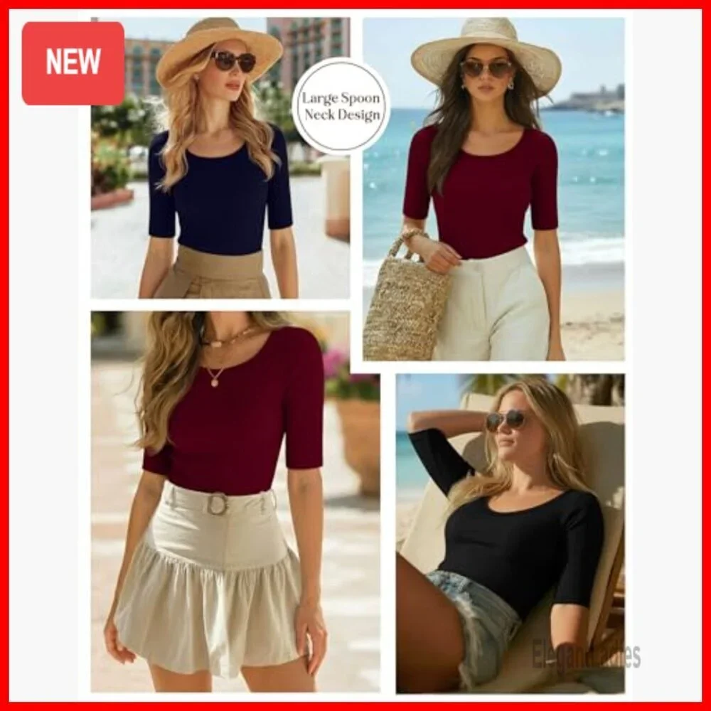 3 Pack Ribbed Half Sleeve Tops Slim Fit Scoop Neck Tees Summer Casual